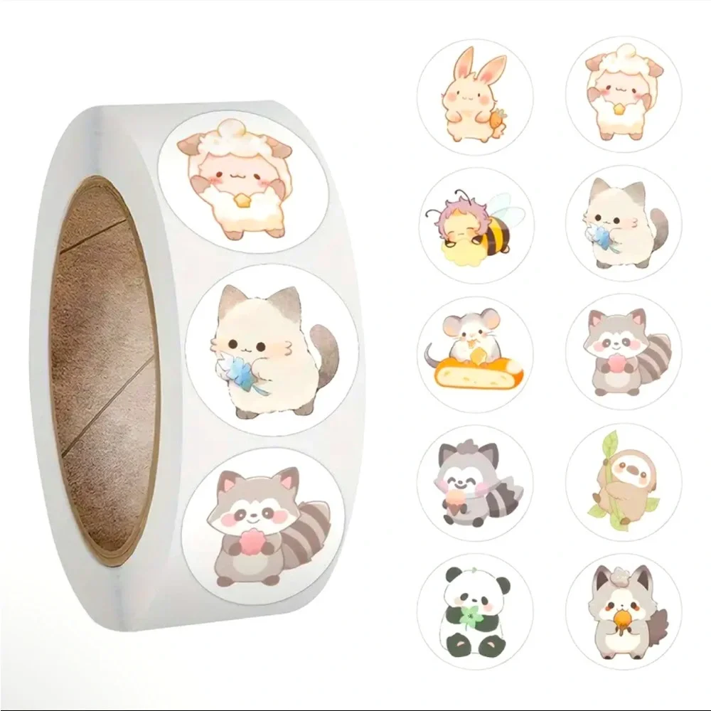 Roll of 500 Round Cute Animal Stickers Bunny Sheep Kitty Bee Fox Panda Mouse